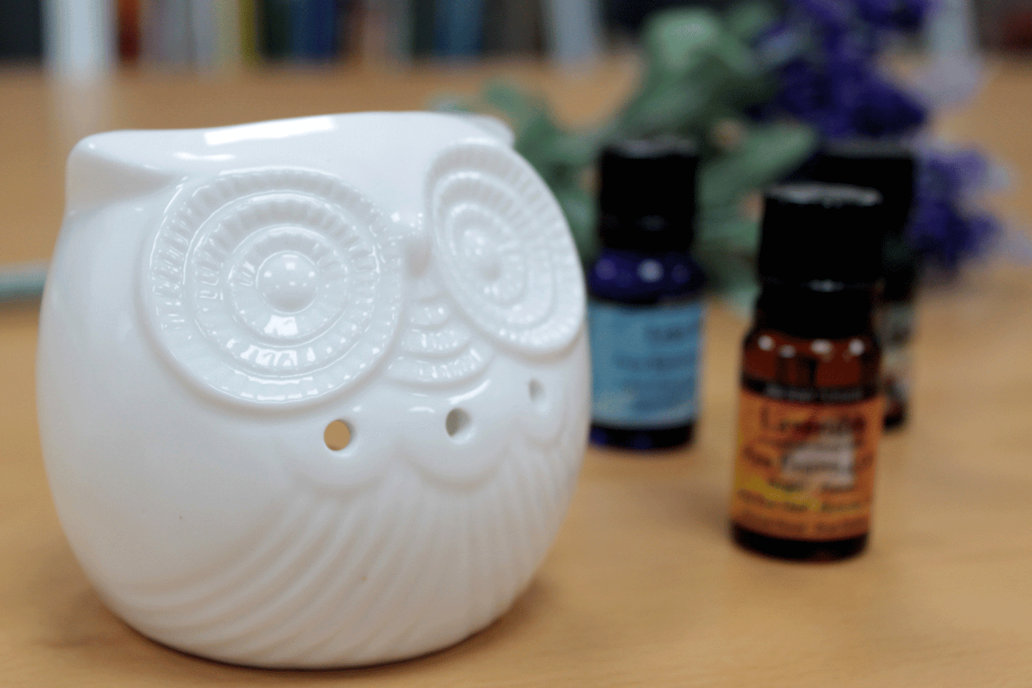 Quemador de aceite en cerámica blanca con diseño de búho corto, ideal para aromatizar espacios con aceites esenciales o ceras perfumadas. Sus detalles calados permiten que la luz de la vela brille creando una atmósfera cálida y relajante. Elegante, funcional y perfecto como regalo o decoración.