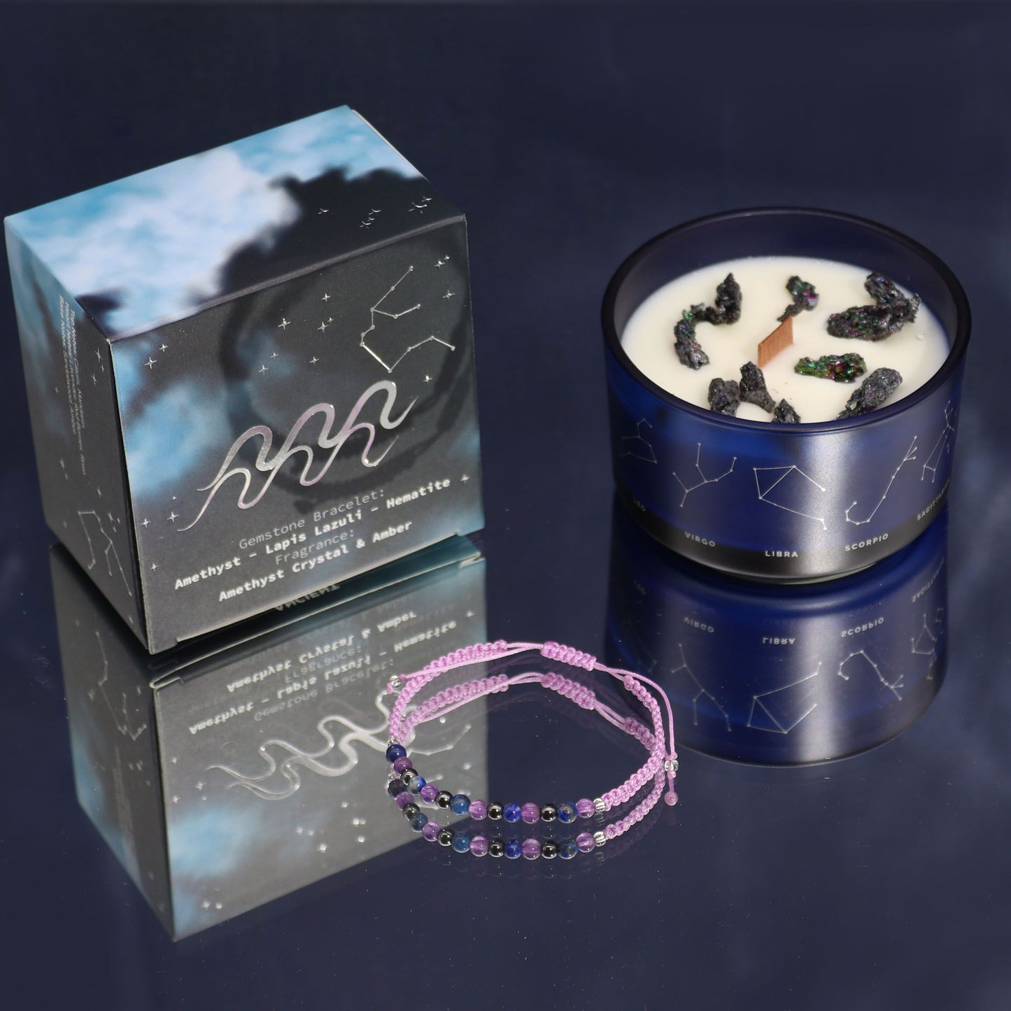 Vela de cristal del zodiaco con pulsera de piedras preciosas - Aquarious