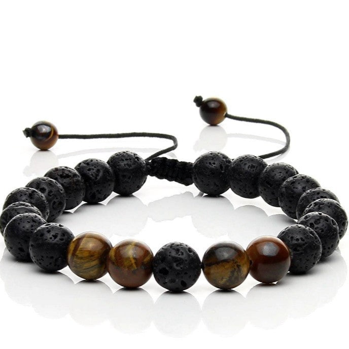 Pulsera de piedra volcánica y ojo de tigre ajustable