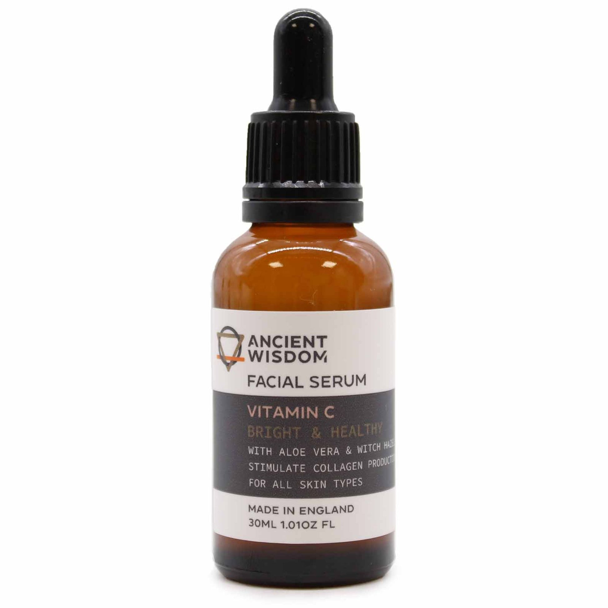 Frasco ámbar con cuentagotas de 30 ml de Sérum Facial de Vitamina C: protege la fórmula de la luz, facilita una aplicación precisa y conserva todos sus beneficios. Ideal para cuidar tu piel cada día con comodidad y estilo.